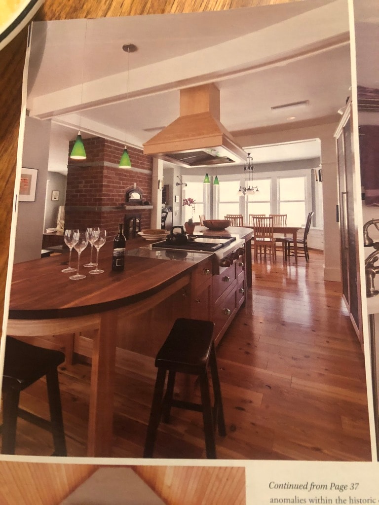 Kitchen with brick fireplace
